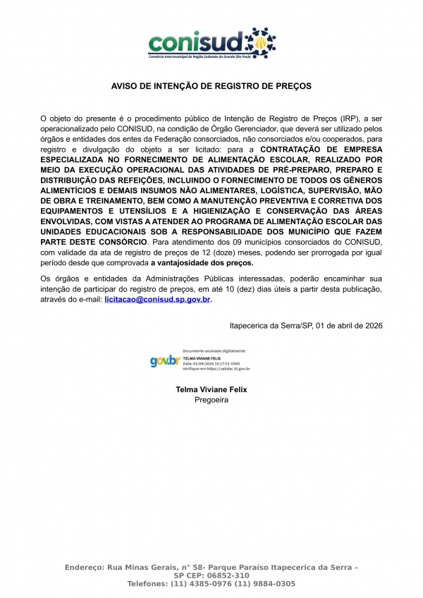 AVISO DE INTEN&Ccedil;&Atilde;O DE REGISTRO DE PRE&Ccedil;O