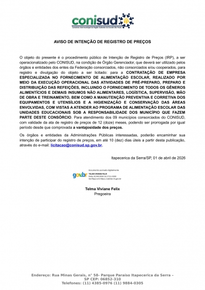 AVISO DE INTEN&Ccedil;&Atilde;O DE REGISTRO DE PRE&Ccedil;O
