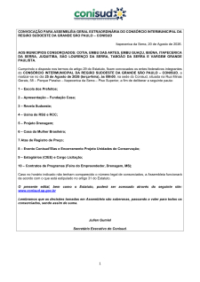 CONVOCA&Ccedil;&Atilde;O PARA ASSEMBL&Eacute;IA GERAL EXTRAORDIN&Aacute;RIA DO CONS&Oacute;RCIO INTERMUNICIPAL DA REGI&Atilde;O SUDOESTE DA GRANDE S&Atilde;O PAULO &ndash; CONISUD
