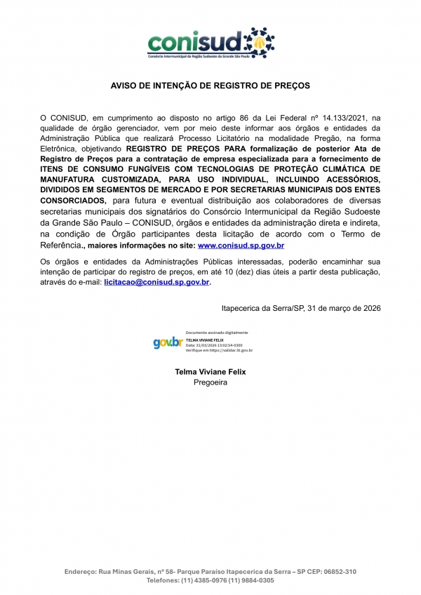 AVISO DE INTEN&Ccedil;&Atilde;O DE REGISTRO DE PRE&Ccedil;O