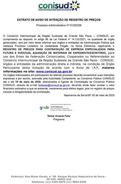 EXTRATO IRP MATERIAIS DE EXPEDIENTE/ESCRIT&Oacute;RIO